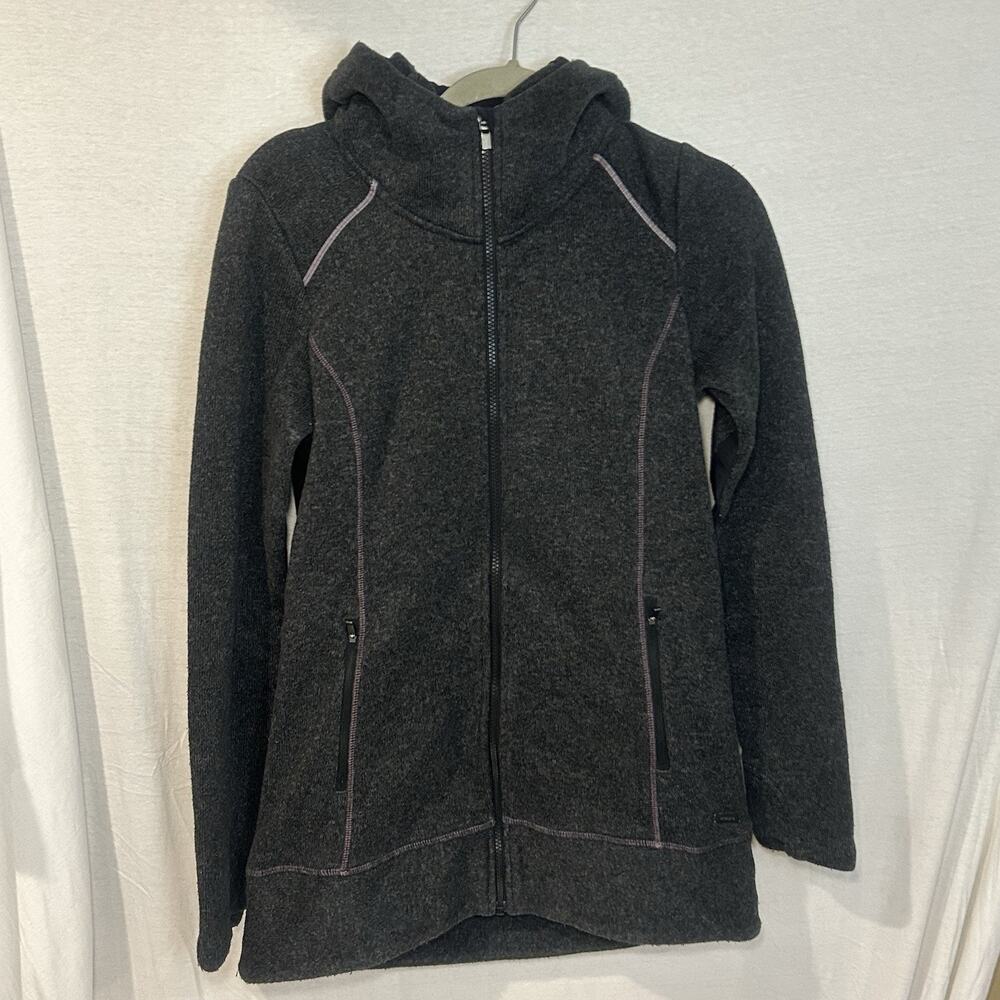 Athleta Fleece Jacket Womens Small Grey Knit CYA Stronger Hood Full Zip Long
